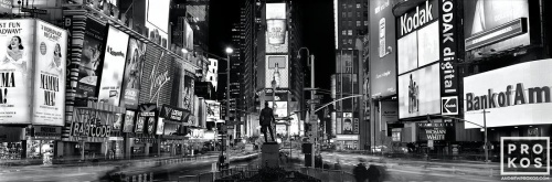 An ultra high-definition panoramic view of Times Square at night in black and white, New York City. Large-scale fine art prints of this photo are available up to 120 inches wide.