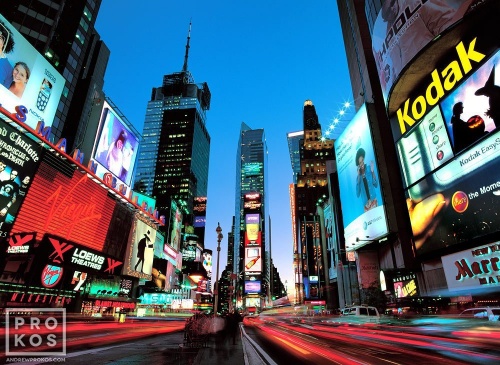A long-exposure fine art photo of New York City's Times Square at dusk