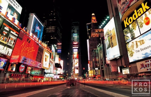 A long-exposure cityscape photo of New York City's Times Square at night