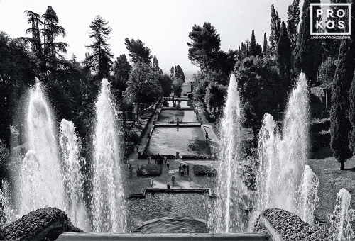 A black and white landscape photo of the gardens of the Villa D'Este, Tivoli, Italy