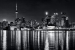 A black and white view of the skyline of Toronto, Canada as seen at night. Large-scale fine art prints of this photo are available in sizes up to 120 inches wide and framed in various wood, metal and acrylic styles.