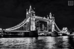 A black and white view of Tower Bridge and Thames River at night, London, United Kingdom. Limited edition fine art prints of this photo are available up to 72 inches in width and framed in various styles