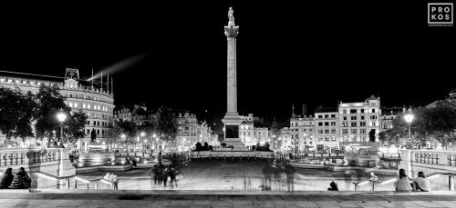 Night photography of Trafalgar Square and Nelson's Column in black and white, London, United Kingdom. High-definition limited edition prints of this photo are available up to 120 inches in width.