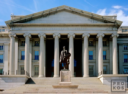A photo of the exterior of the United States Treasury building, Washington DC