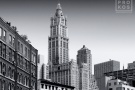 A fine art cityscape photo of the Tribeca skyline and Woolworth Building in black and white, New York City