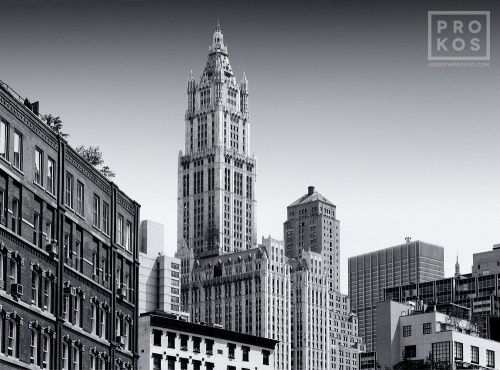 A fine art cityscape photo of the Tribeca skyline and Woolworth Building in black and white, New York City