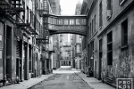 A black and white street scene photo of Staple Street in Tribeca, New York City