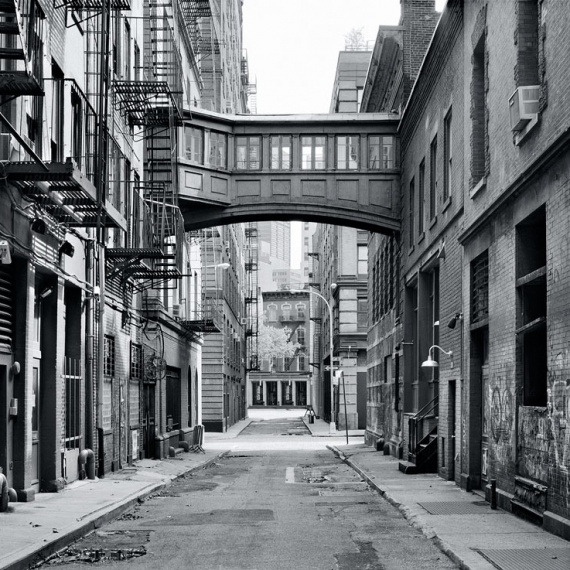 A black and white street scene photo of Staple Street in Tribeca, New York City