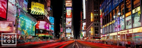 A long-exposure high-definition panoramic view of Times Square at night, New York City.