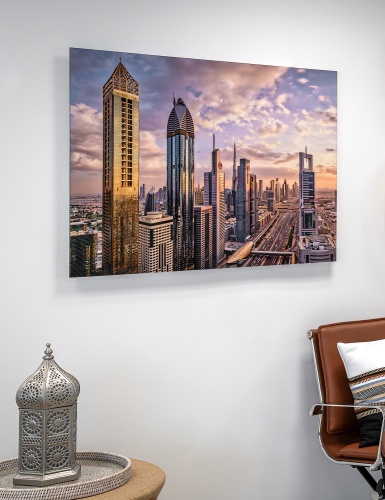 A limited edition print of 'Sheikh Zayed Road at Sunset' by photographer Andrew Prokos on display in the permanent collection of the Embassy of the United Arab Emirates in Washington DC.