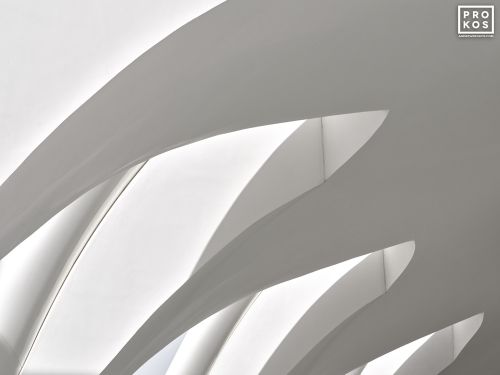A close-up architectural detail of the curved arcade formed by the 'wings' of the UAE Pavilion at the Dubai World Expo. The innovative design was by architect Santiago Calatrava. Large-scale fine art prints of this photo are available up to 60 inches.