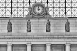 A black and white photograph of the clock in the Main Hall of Union Station in Washington DC