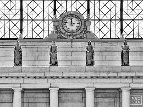 A black and white photograph of the clock in the Main Hall of Union Station in Washington DC