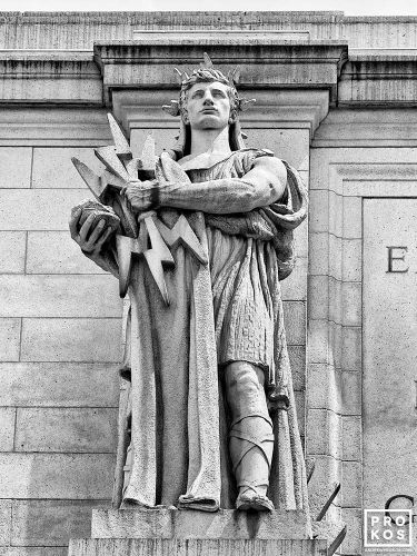 Black and white fine art photograph of the statue of Thales (depicting electricity) from the facade of Union Station in Washington DC