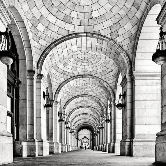 A black and white fine art architectural photo of Union Station's Grand Concourse, Washington DC