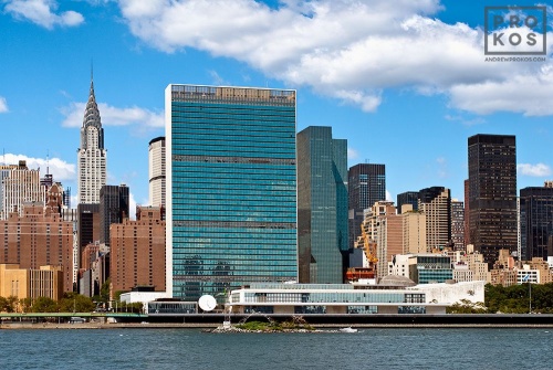 A view of the United Nations buildings, Manhattan's East side, and the Chrysler Building, New York City