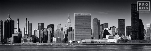 A black and white panoramic skyline of East Midtown Manhattan and the United Nations, New York City