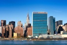 A panoramic skyline of Midtown Manhattan, the Chrysler Building, and the United Nations buildings as seen from Queens, New York City. High-definition fine art prints of this photo are available up to 120 inches wide. 