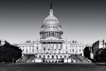 A panoramic view of the United States Capitol Building's West Front in black and white, Washington D.C.
