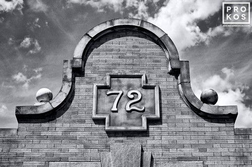 An architectural detail from the 72nd street subway station on Manhattan's Upper West Side in black and white
