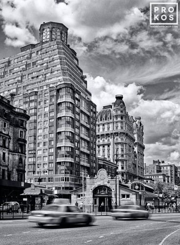 A black and white street photo of Broadway and the 72nd Street subway station on Manhattan's Upper West Side. Fine art prints of this photo are available framed in various styles. 