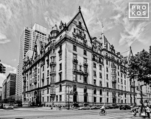 A black and white photo of the Dakota Residence at 72nd Street and Central Park West, on Manhattan's Upper West Side