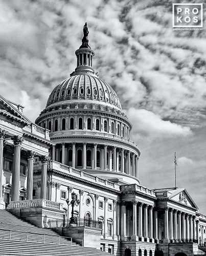 A high-definition black and white architectural photo of the East Front of the U.S. Capitol building, Washington D.C. Fine art prints of this photo are available framed in various styles. 
