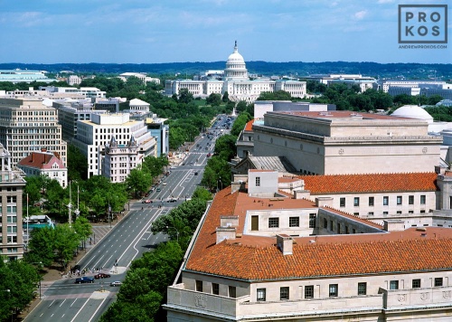 An elevated view of the United States Capitol and Pennsylvania Avenue, Washington DC