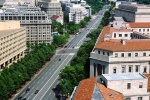 An elevated view of the U.S. Capitol, Pennsylvania Avenue, and the government buildings in Federal Triangle, Washington DC