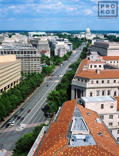 An elevated view of the U.S. Capitol, Pennsylvania Avenue, and the government buildings in Federal Triangle, Washington DC