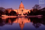 A landscape of the United States Capitol building reflected in the Reflecting Pool at sunset, Washington D.C. Fine art prints of this photo are available up to 60 inches in width and framed in various styles. 