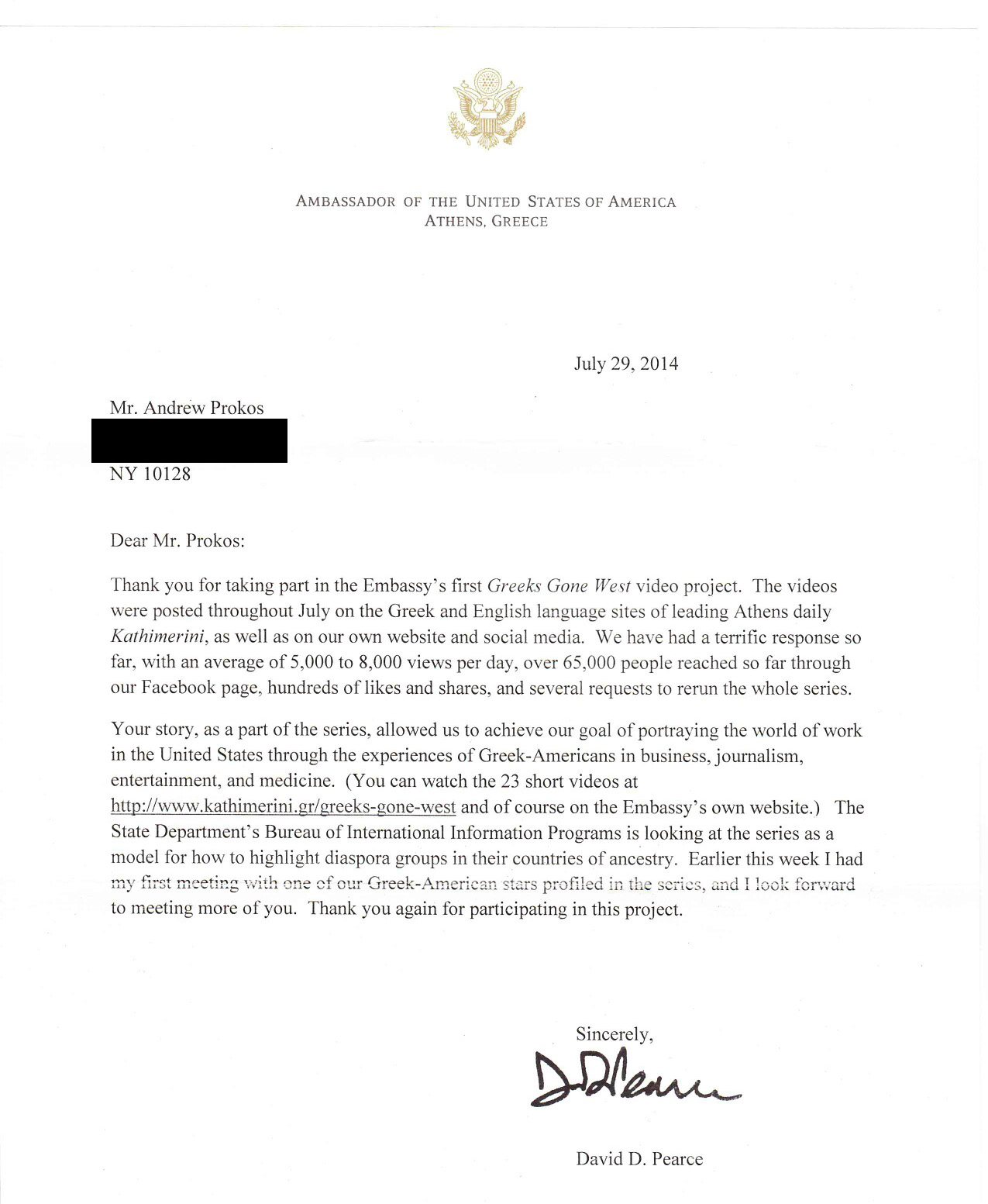 Letter to photographer Andrew Prokos from the United States Embassy in Athens, Greece regarding his participation in the "Greeks Gone West" series of interviews