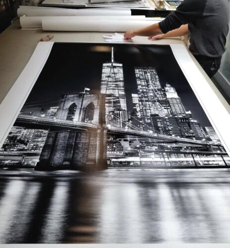 Brooklyn Bridge and World Trade Center at Night - 72 Inch Black and White Vertical Photograph