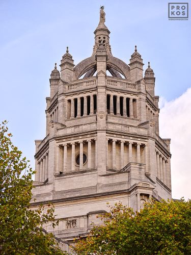 A color architectural photograph of the Victoria and Albert Museum's iconic crowned turret in London, United Kingdom. Limited edition fine art prints of this photo are available up to 72 inches in height.