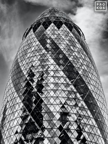 Black and white architectural photography of 30 St. Mary Axe (the Gherkin). High-definition fine art prints of this photo are available up to 72 inches in height and framed in contemporary styles. 