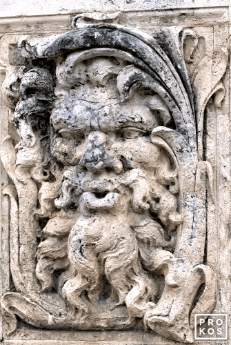 A coralstone architectural detail representing Aeolus, God of the Winds, at Vizcaya Museum, Miami, Florida