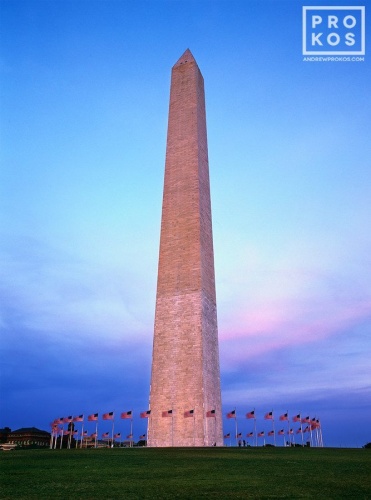 A view of the Washington Monument at Dusk, Washington DC. Fine art prints of this photo are available in sizes up to 60 inches and framed in various styles. 