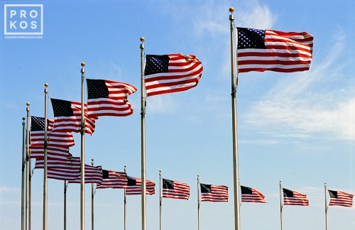 Detail of the American flags which encircle the Washington Monument, Washington DC