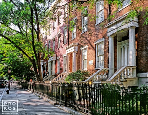 A row of elegant townhouses along Washington Square North in Greenwich Village, New York City. Fine art prints of this photo are available framed in various styles, please inquire. 