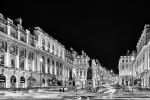 A black and white panoramic view of Waterloo Place and Pall Mall at night, London, United Kingdom. Large-scale limited edition prints of this photo are available up to 120 inches in width.