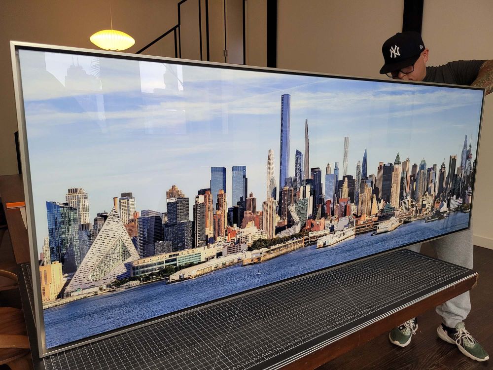 A large-scale color fine art print of the Manhattan skyline as seen from Weehawken, NJ by photographer Andrew Prokos, in production for a new client in New York City.