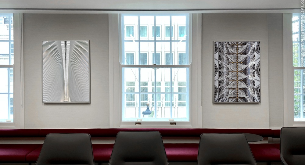 'Sanctuary of Light I' and 'Oculus Interior I' by fine art photographer Andrew Prokos on display in the boardroom of a London financial firm