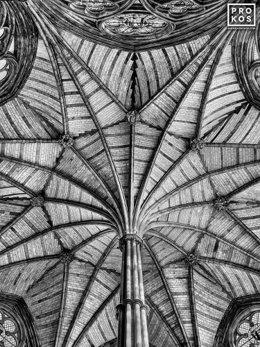 A black and white fine art photo of the soaring gothic vault of the Chapter House at Westminster Abbey, London, England. Limited edition prints of this photograph are available up to 60 inches in height and framed in various wood, metal, and acrylic styles.