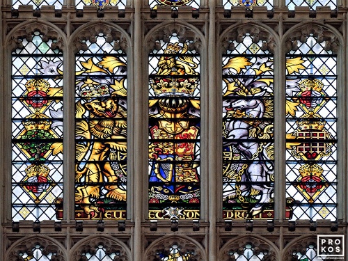 Vivid stained-glass windows from the gothic interior of Westminster Abbey, London depicting the royal Lion and Unicorn motif of the British Monarchy. Limited edition fine art prints of this photograph are available up to 60 inches in width and framed in various wood, metal and acrylic styles.