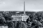 A black and white panoramic view of the White House, Washington Monument, and Jefferson Memorial, Washington DC. Limited edition fine art prints of this photo are available up to 120 inches wide.