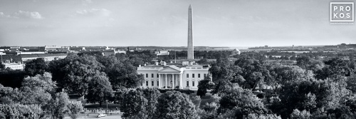 A black and white panoramic view of the White House, Washington Monument, and Jefferson Memorial, Washington DC. Limited edition fine art prints of this photo are available up to 120 inches wide.