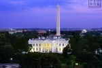 An elevated view of the White House, Washington Monument, Jefferson Memorial, and the Mall at dusk, Washington DC
