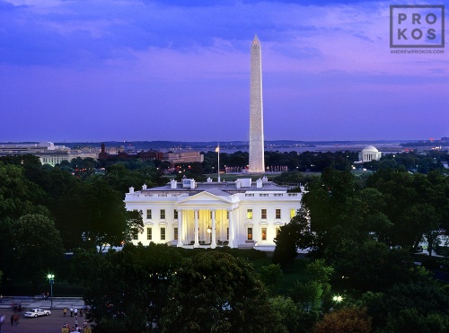 An elevated view of the White House, Washington Monument, Jefferson Memorial, and the Mall at dusk, Washington DC