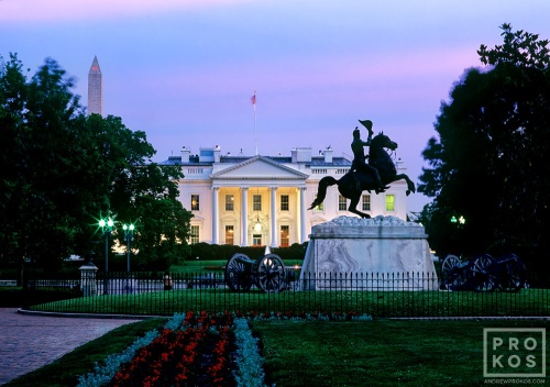 A view of the White House and Lafayette Park at twilight, Washington DC