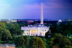 An ultra-high-definition panoramic photo of the White House and National Mall transitioning from day to night, from Andrew's 'Night & Day' series.